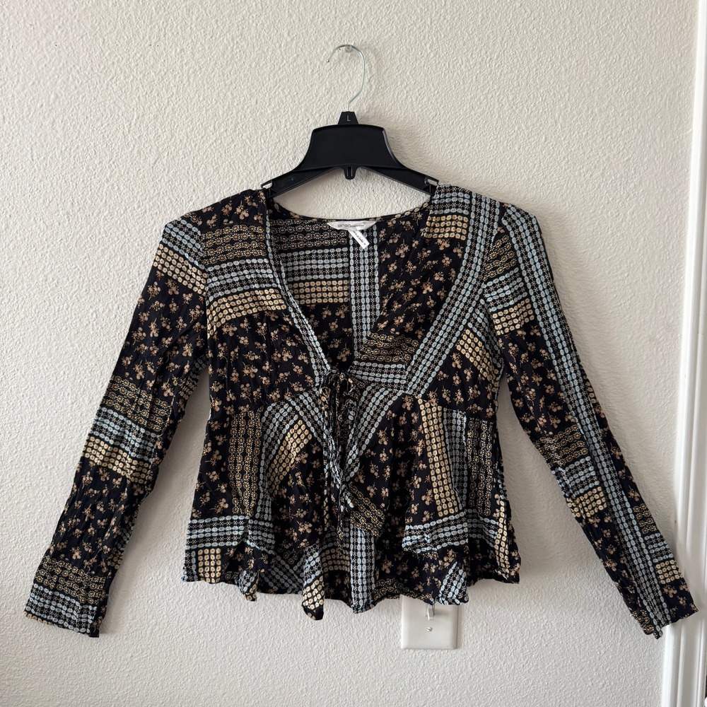 Boho Ditsy Floral Patchwork Tie Front Peplum Top S Black Blue Cottagecore Whimsy